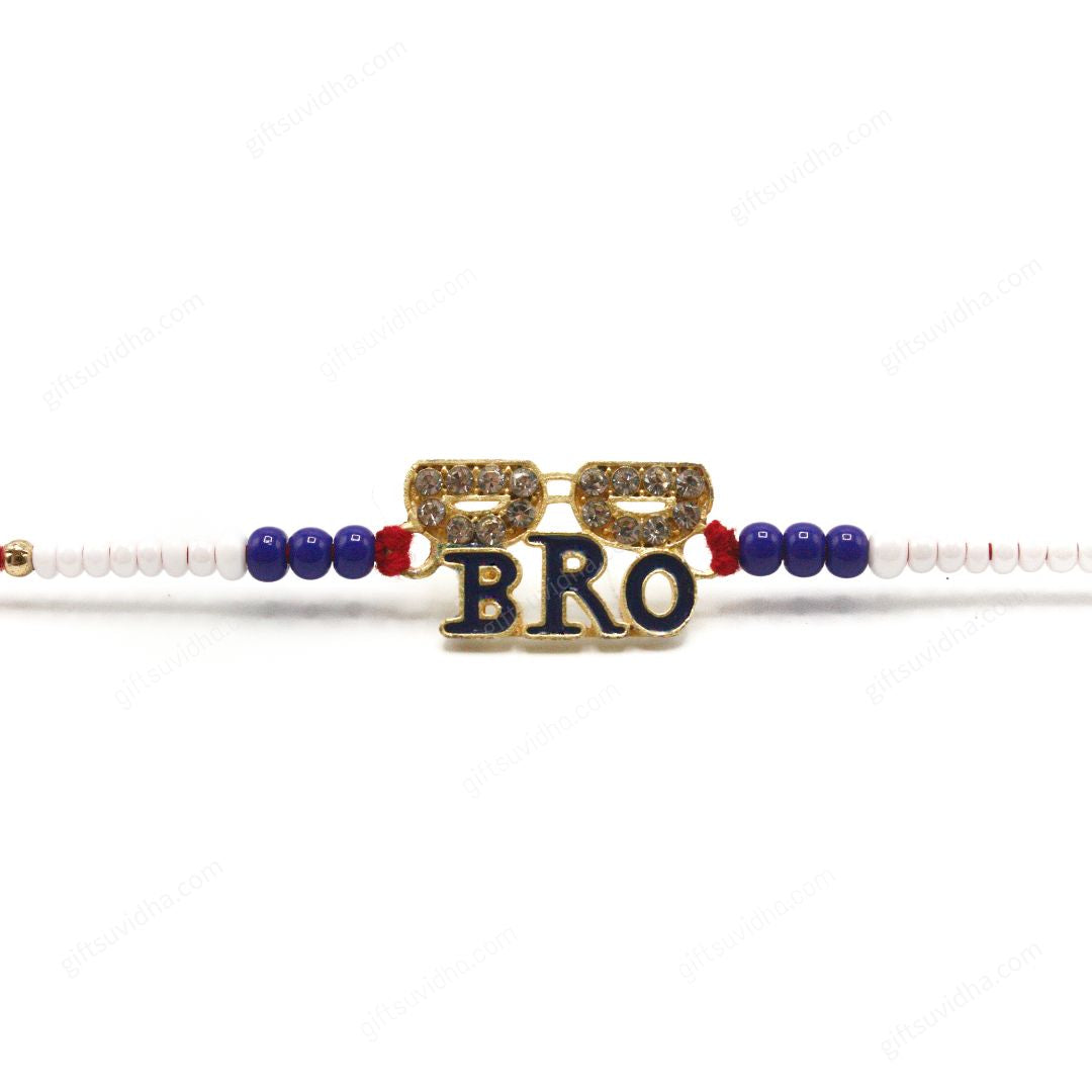 Close-up of the Cool Bro Rakhi's stylish goggle design, featuring intricate diamond decorations and vibrant 'Bro' lettering.