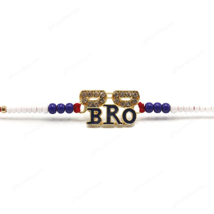 Close-up of the Cool Bro Rakhi's stylish goggle design, featuring intricate diamond decorations and vibrant 'Bro' lettering.