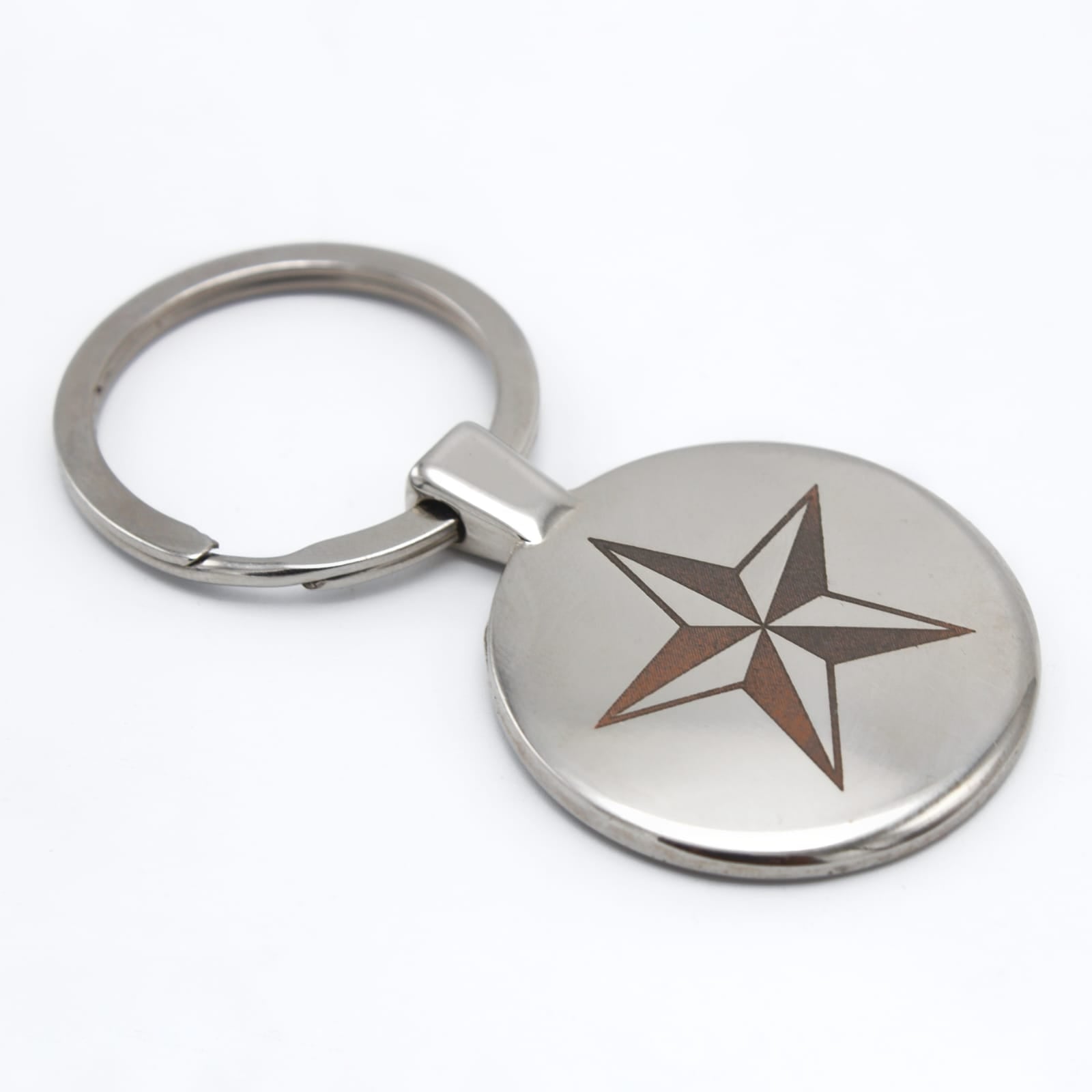 This premium-quality round keychain is an ideal gift idea that you can personalize with up to 3 text messages and an icon of your choice printed in steel metallic. I