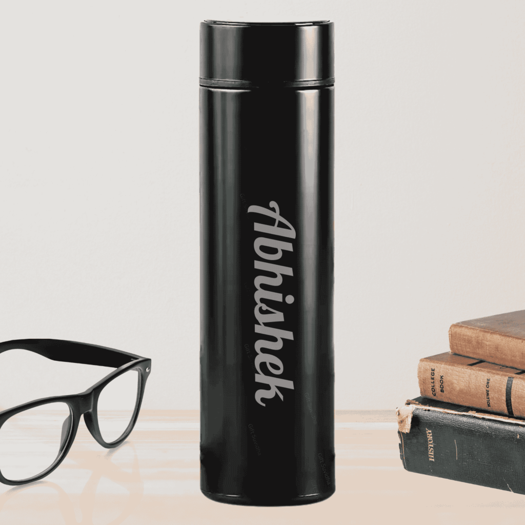 500ml matte black personalized water bottle with LED temperature display and name engraving.